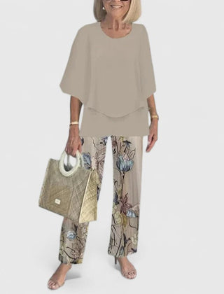 Women's loose two-piece set in taupe with botanical print pants