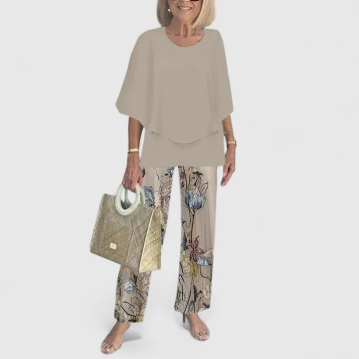 Women's loose two-piece set in taupe with botanical print pants