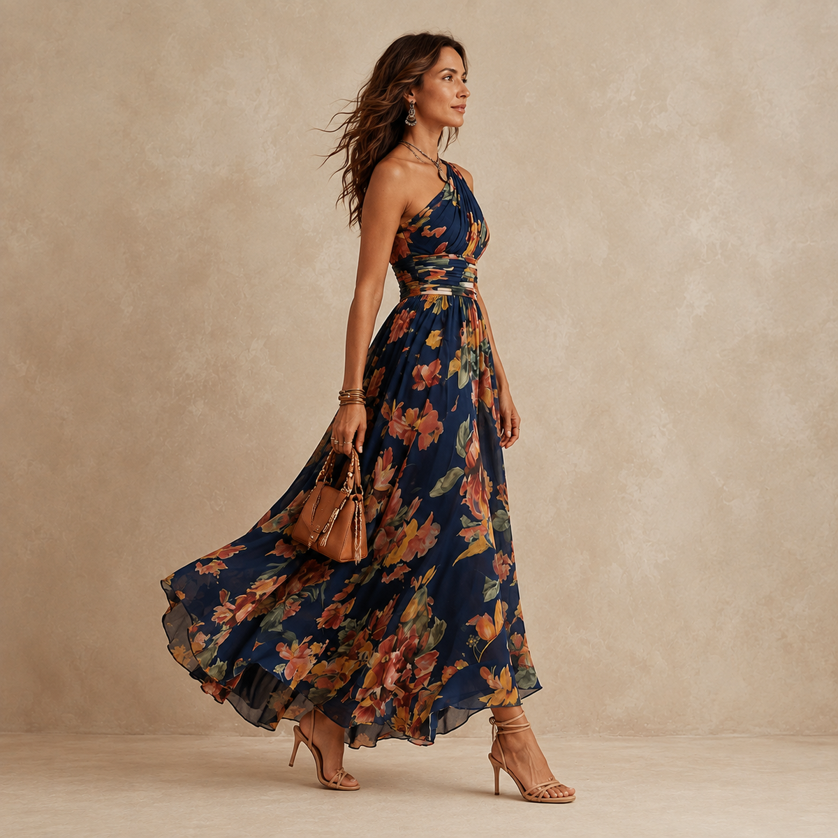 Navy one-shoulder maxi jurk detail