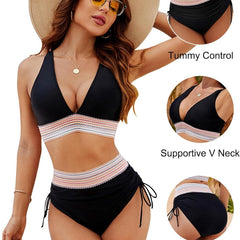 Black Elara tummy-control bikini set, detail view
