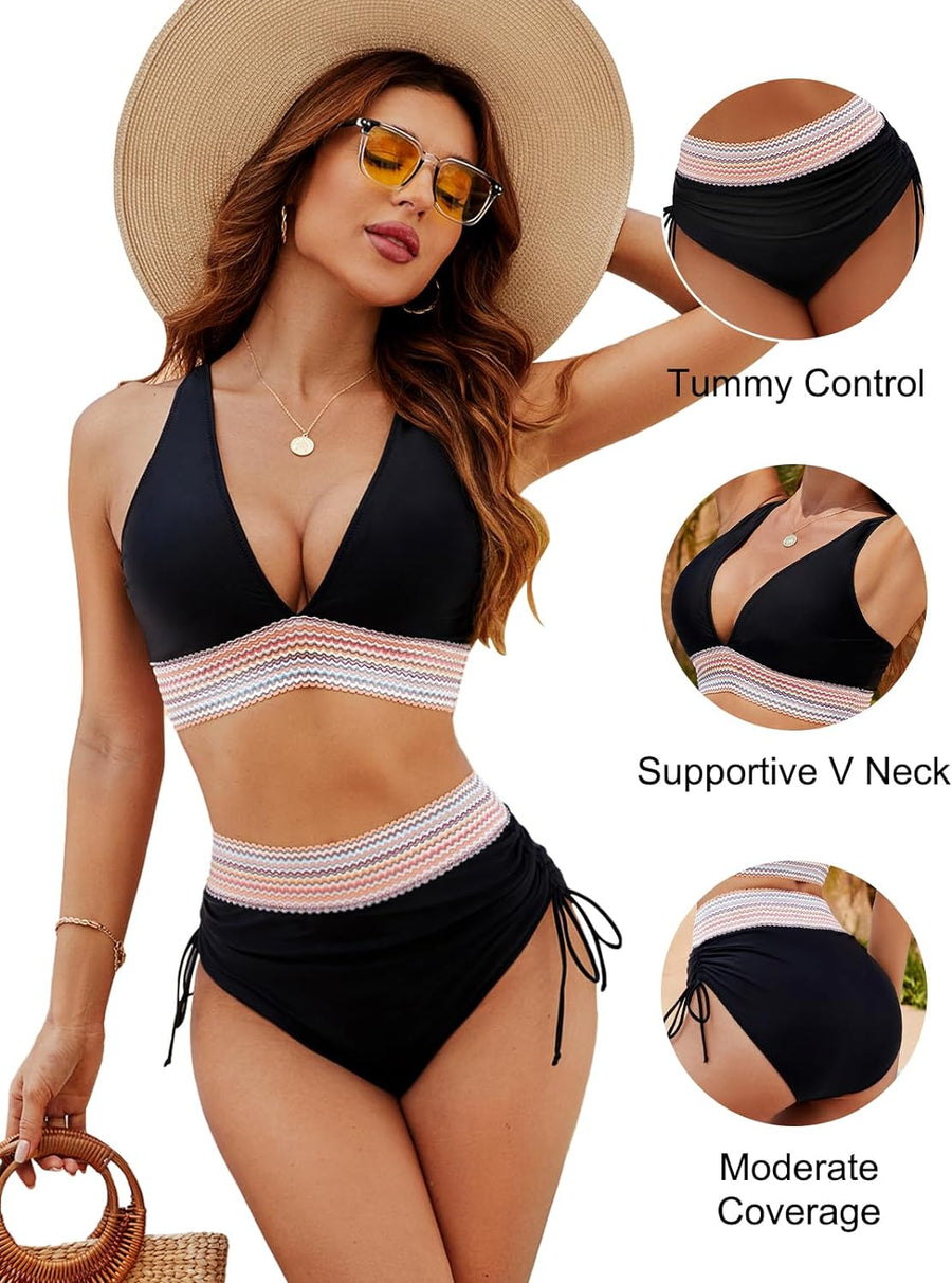 Black Elara tummy-control bikini set, detail view