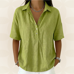 Sonja comfortable collared blouse, close-up of collar and button detail