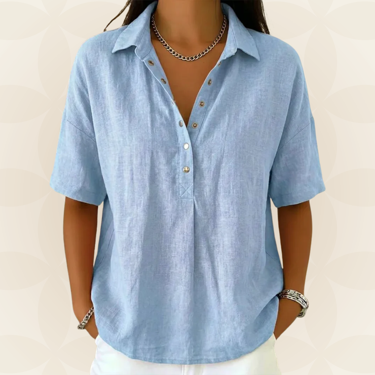 Sonja comfortable collared blouse, styled with trousers