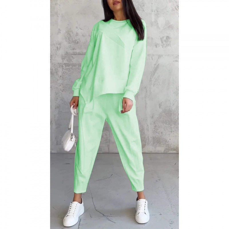 Women's relaxed irregular hem sweatshirt and pants set in light green