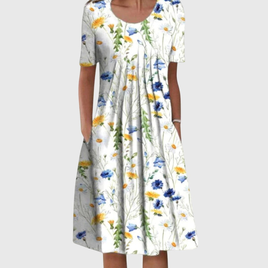 Women's Scarlett round neck printed dress in yellow flowers