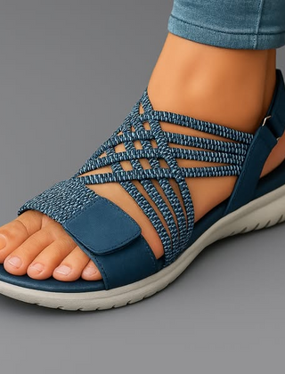 Women's comfortable strap sandals in blue with adjustable fastening strap