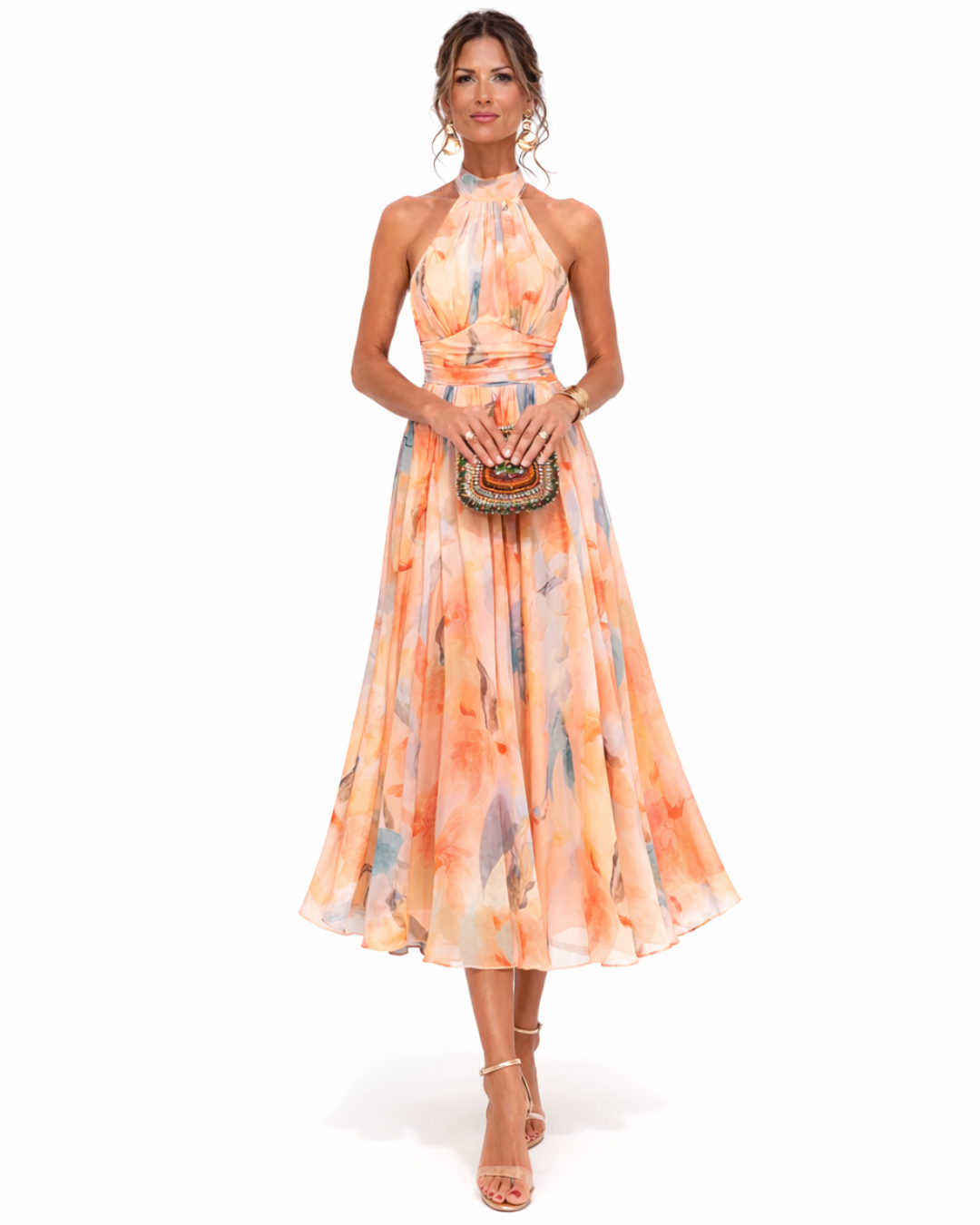 Aurora Halter Neck Watercolor Print Maxi Dress - front view