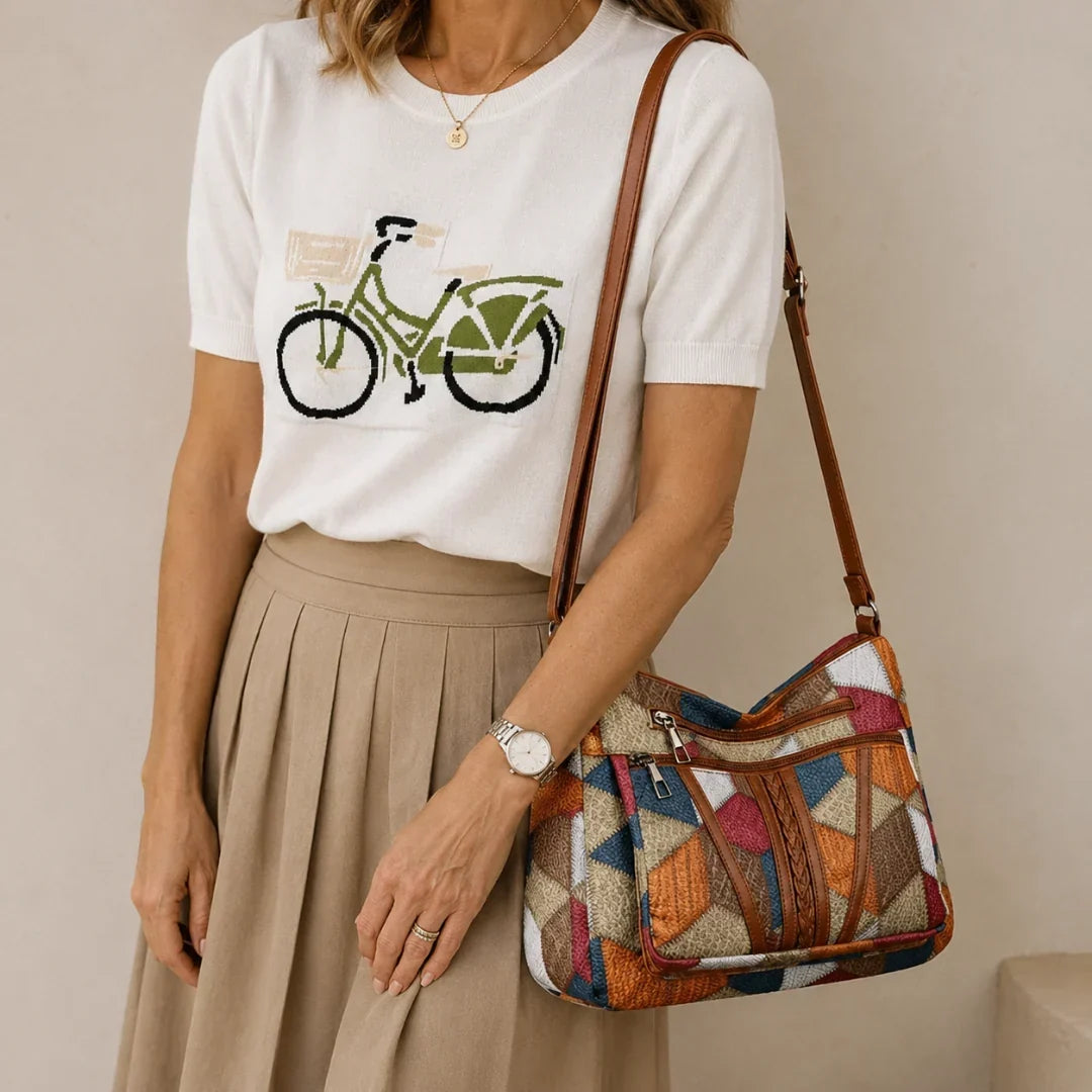 Nella patchwork shoulder bag front view