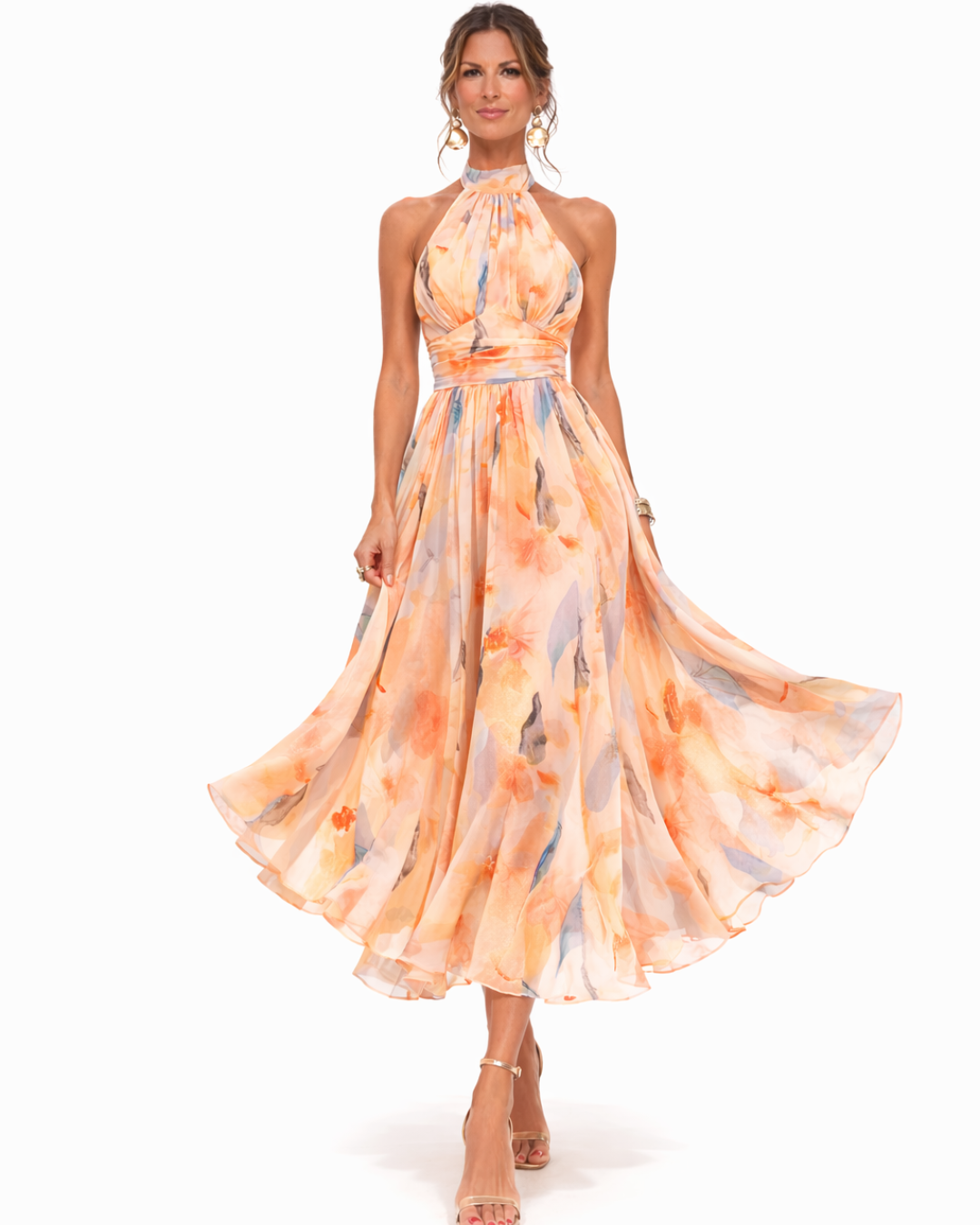 Aurora Halter Neck Watercolor Print Maxi Dress - detail view