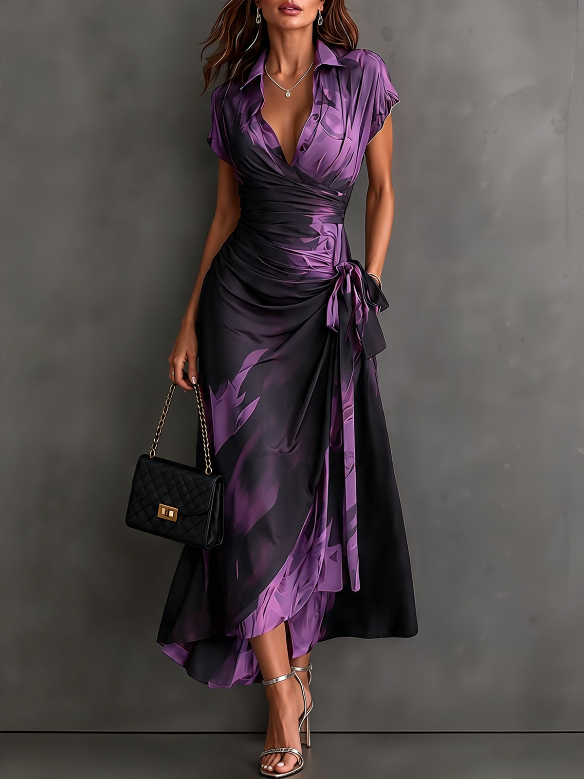 Abstract Print Wrap Midi Dress – Brown