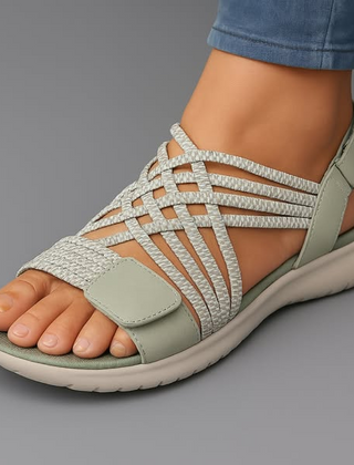 Women's comfortable strap sandals in green with braided elastic straps