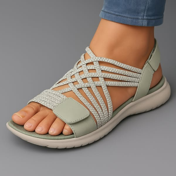Women's comfortable strap sandals in green with braided elastic straps
