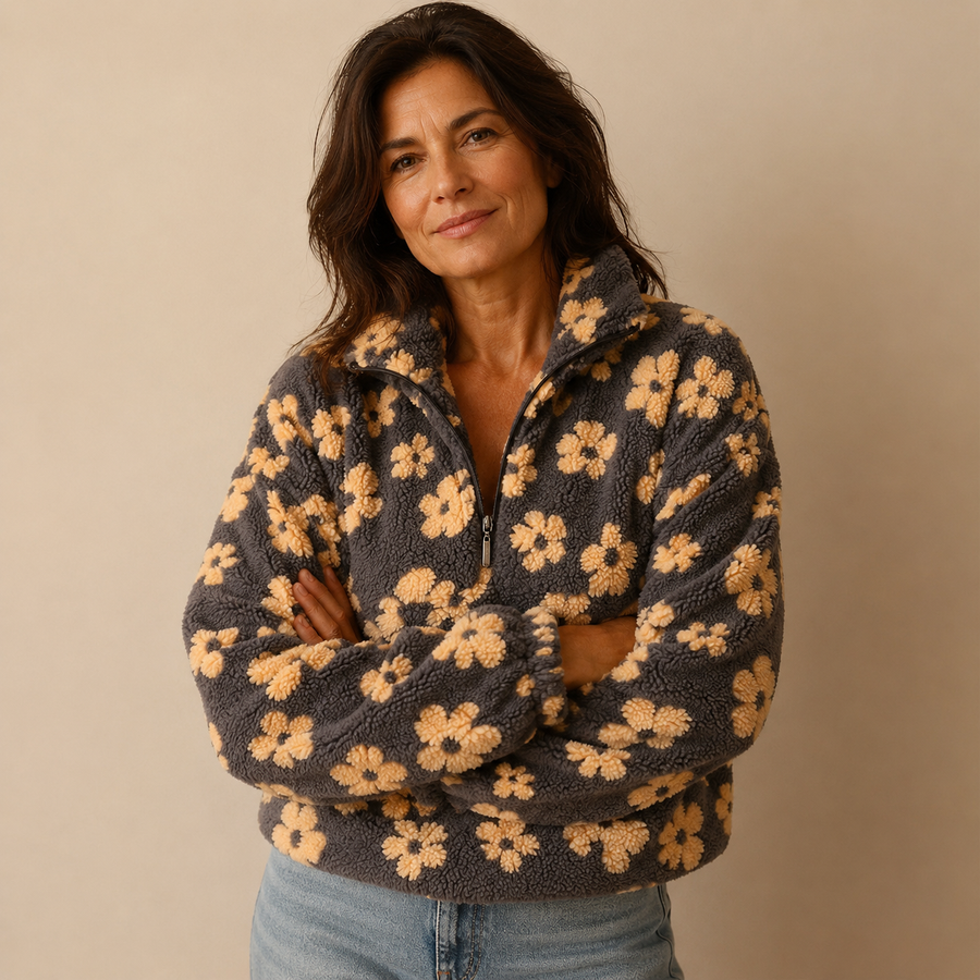 Sofia Floral Zip Sweater - yellow floral pattern, worn by model