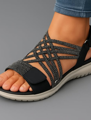 Women's comfortable strap sandals in black with back support strap