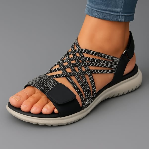 Women's comfortable strap sandals in black with back support strap
