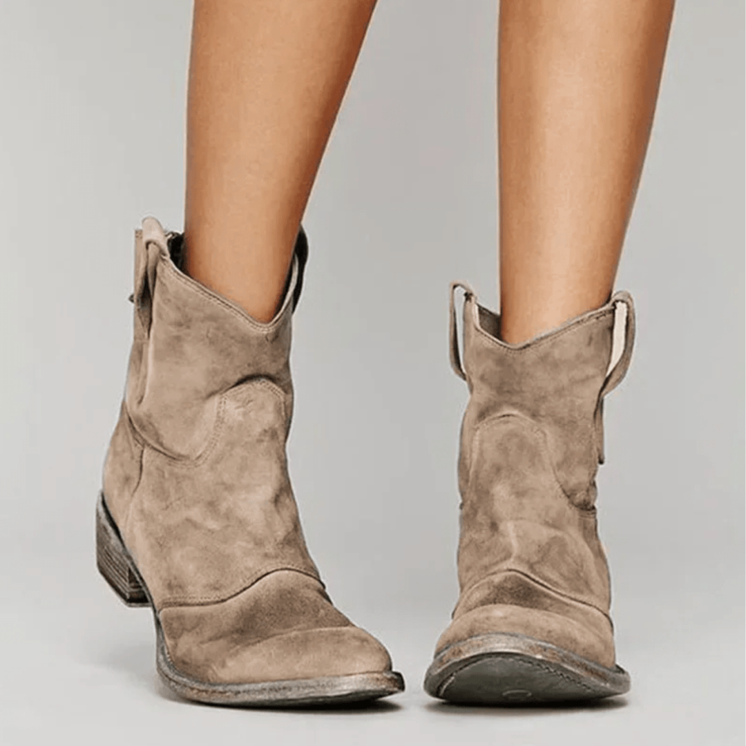 Charlotte comfortable suede ankle boots in light brown, rounded toe and low heel