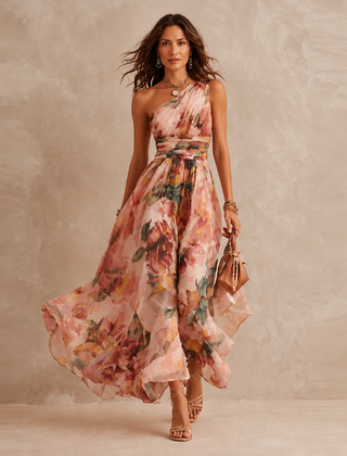Roze one-shoulder maxi jurk met bloemenprint