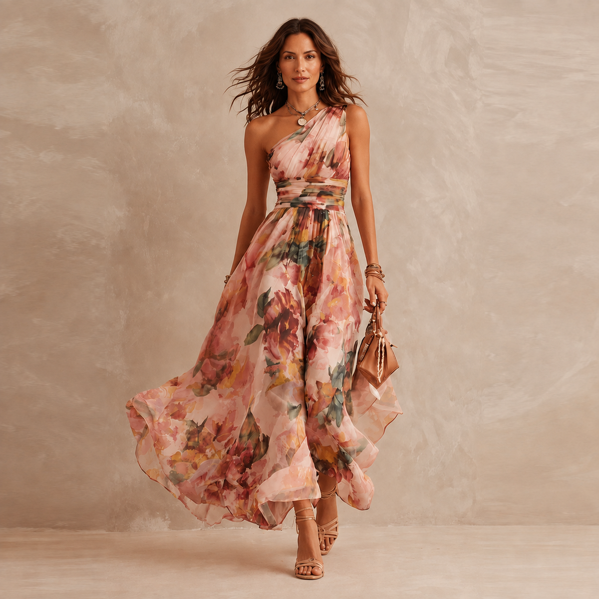 Roze one-shoulder maxi jurk met bloemenprint