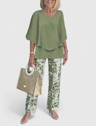 Women's loose two-piece set in olive green with leaf print pants