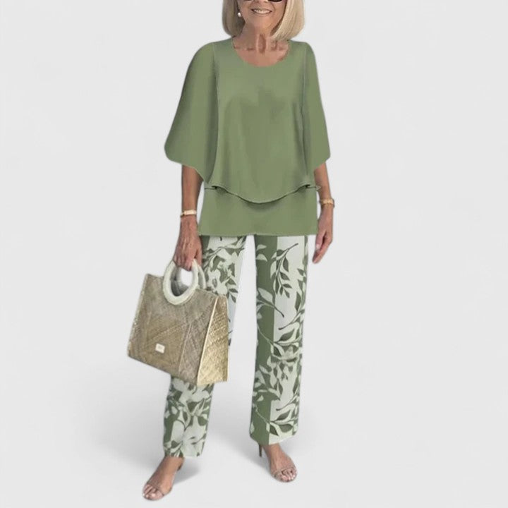 Women's loose two-piece set in olive green with leaf print pants