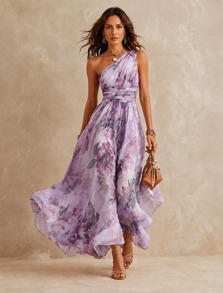 Lavendel one-shoulder maxi jurk met bloemenprint