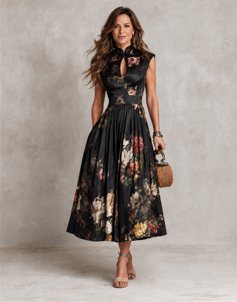 Halima keyhole slim-fit maxi dress in black – front view