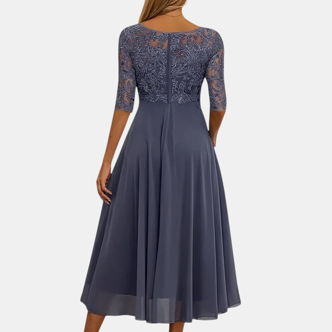 Women's elegant lace dress with a closed back, detail view