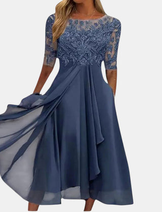 Women's blue elegant lace dress with a layered skirt