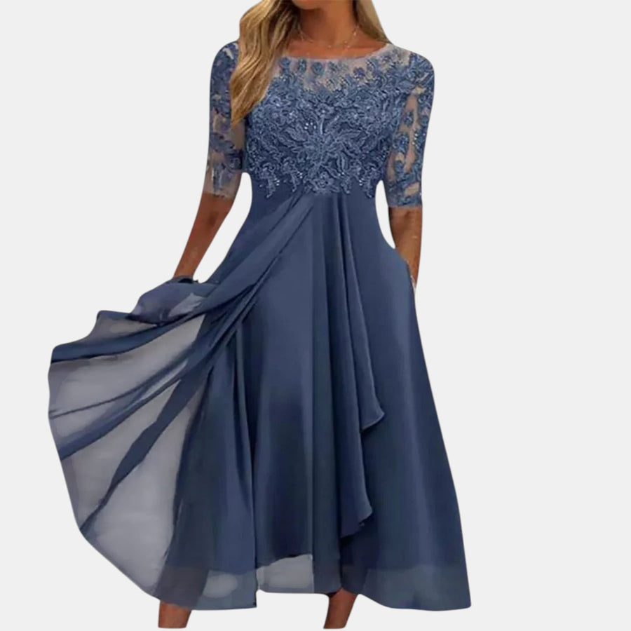 Women's blue elegant lace dress with a layered skirt