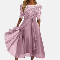 Women's pink elegant lace dress with a layered skirt