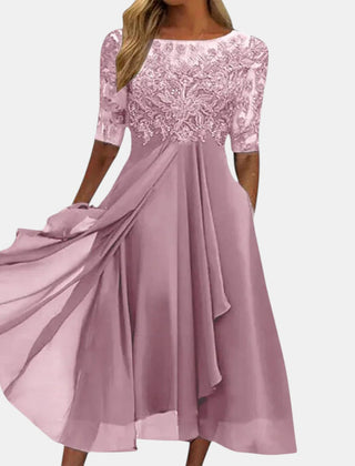 Women's pink elegant lace dress with a layered skirt