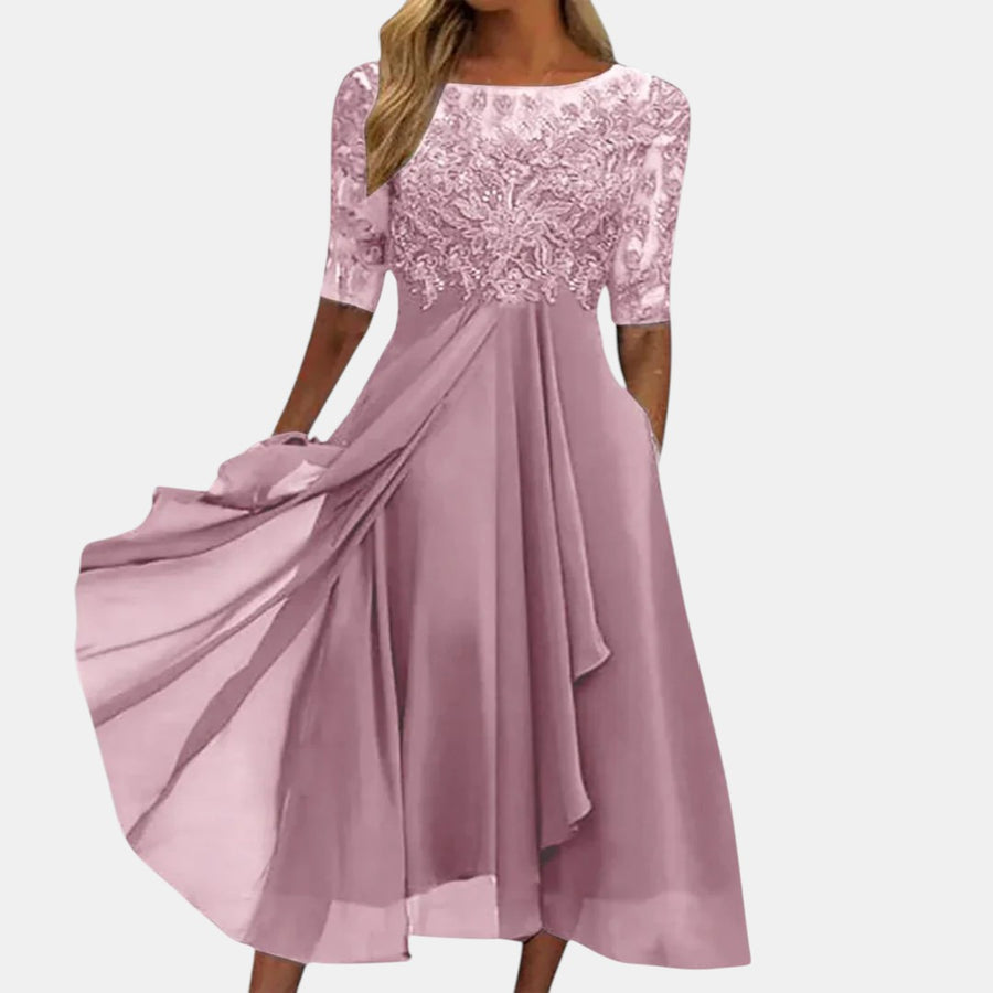 Women's pink elegant lace dress with a layered skirt
