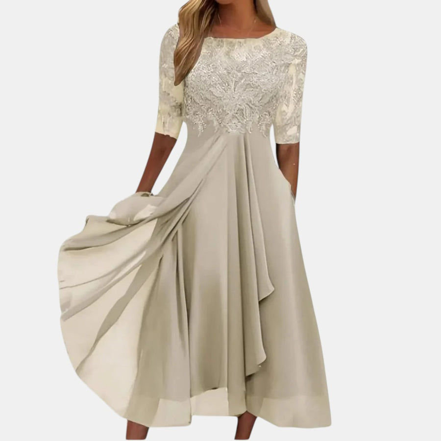Women's cream elegant lace dress with a layered skirt