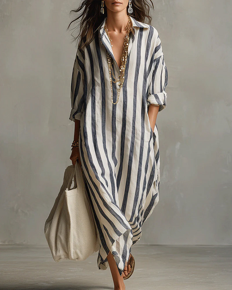 Striped A-Line Maxi Dress with Notch Collar