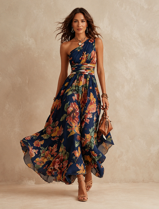 Vrouwen navy one-shoulder maxi jurk met bloemenprint