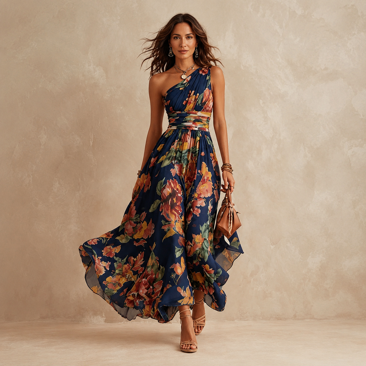 Vrouwen navy one-shoulder maxi jurk met bloemenprint