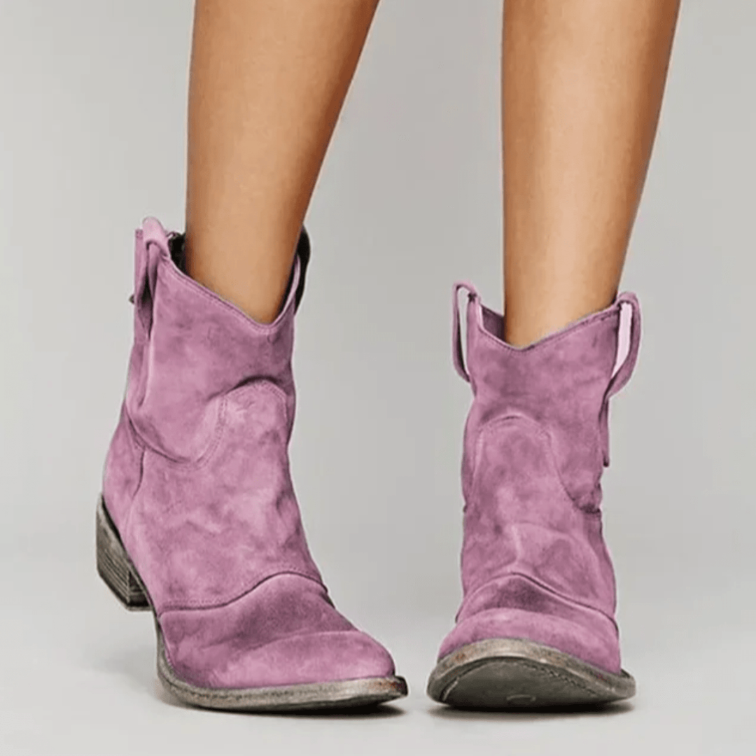 Charlotte comfortable suede ankle boots in pink, low heel and side zipper