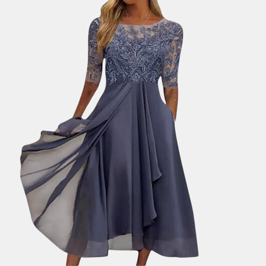 Women's purple elegant lace dress with a layered skirt
