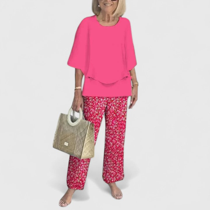 Women's loose two-piece set in hot pink with floral pants