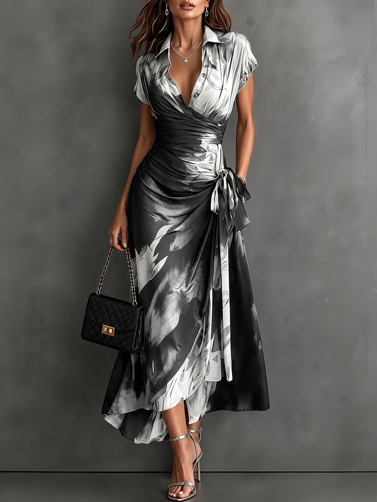 Abstract Print Wrap Midi Dress – Brown