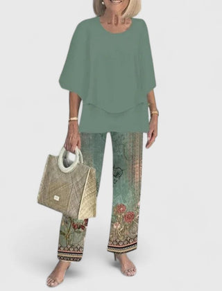 Women's loose two-piece set in sage green with printed pants