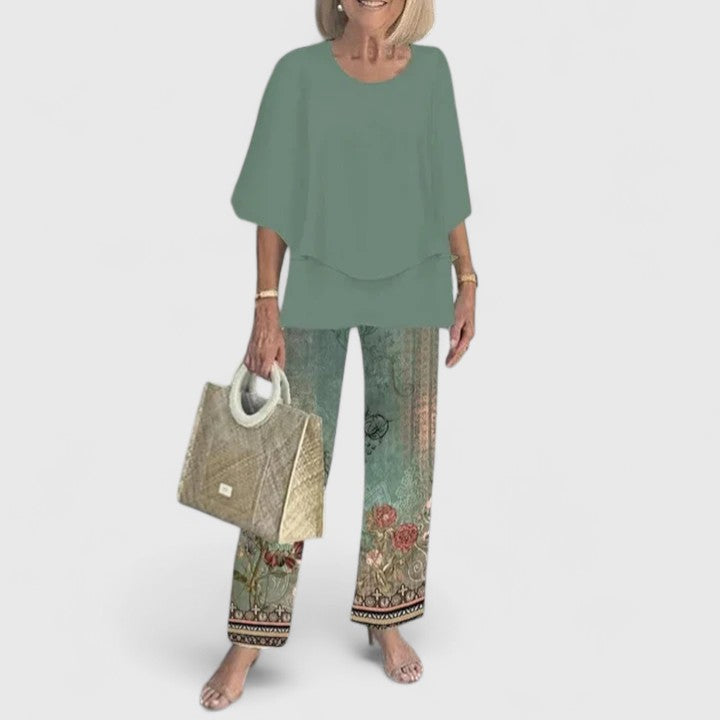 Women's loose two-piece set in sage green with printed pants