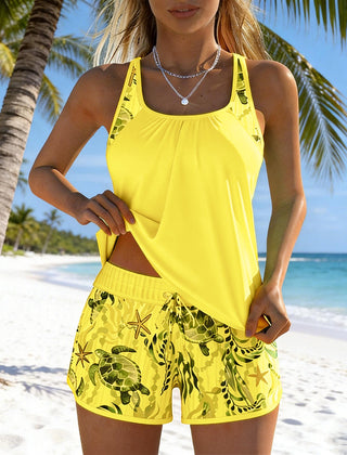Yellow tummy-control tankini set, detail view
