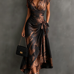 Abstract Print Wrap Midi Dress Brown – front view