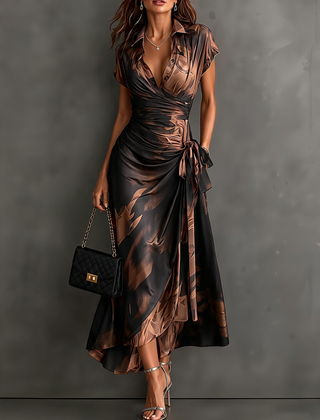 Abstract Print Wrap Midi Dress Brown – front view