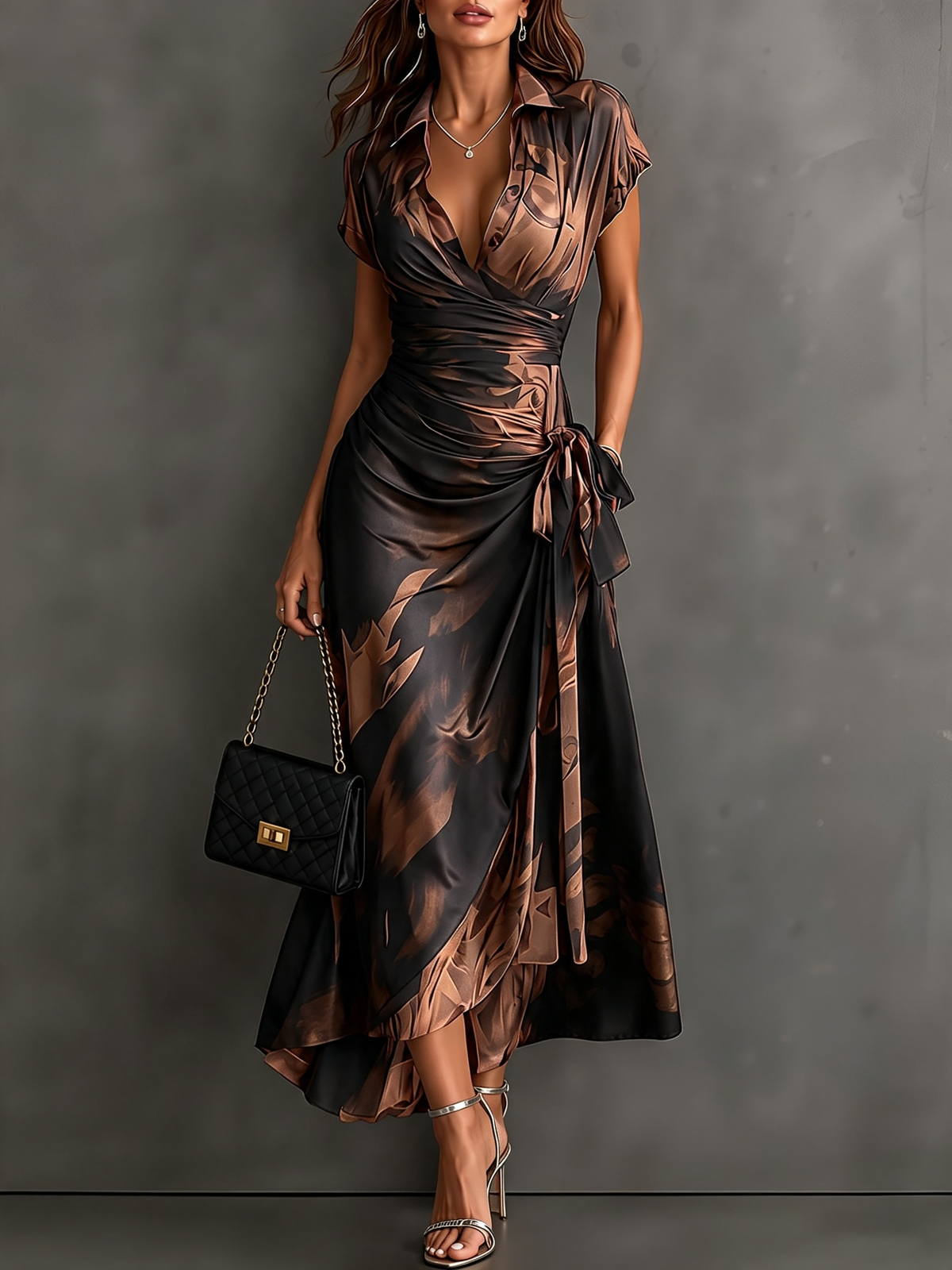 Abstract Print Wrap Midi Dress Brown – front view