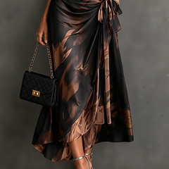 Abstract Print Wrap Midi Dress Brown – detail view