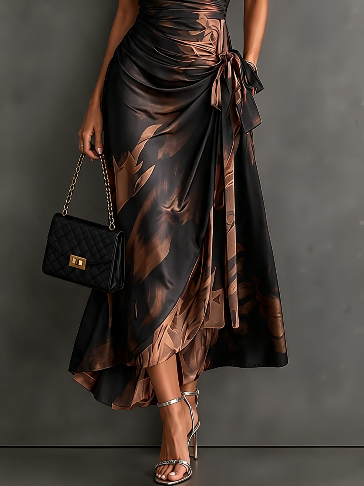 Abstract Print Wrap Midi Dress Brown – detail view