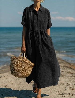 Women's black collared button-front midi dress
