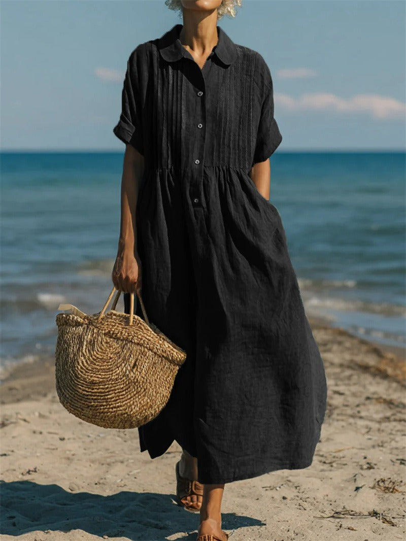 Women's black collared button-front midi dress